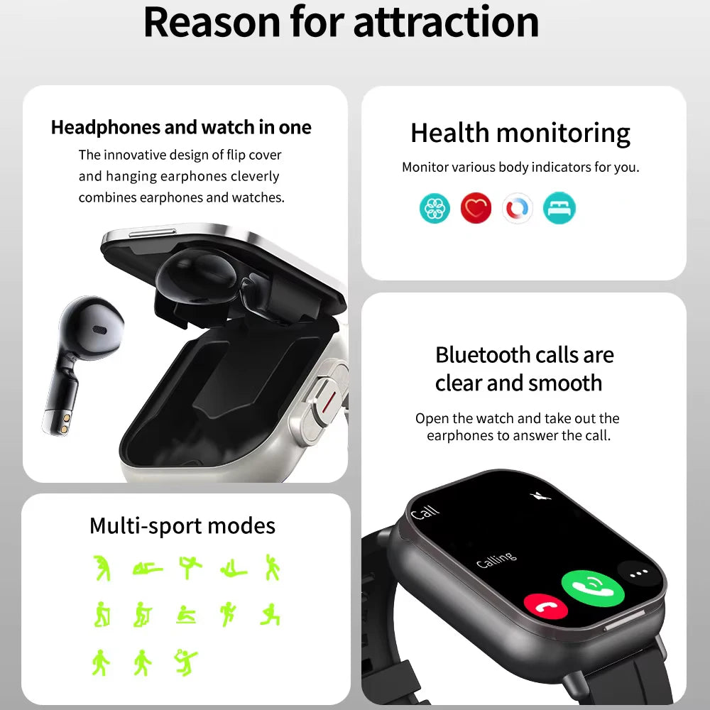 TWS auriculares Smartwatch 2,01 "auriculares 2 en 1 reloj inteligente BT llamada diente azul auriculares relojes ritmo cardíaco deporte Fitness pulsera