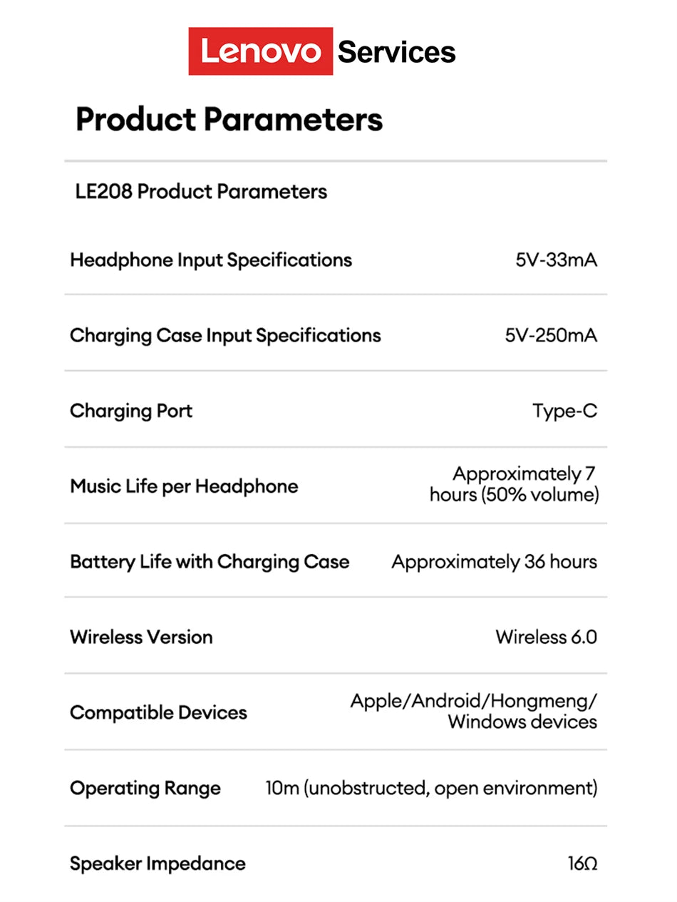 Auriculares Lenovo LE208 TWS Bluetooth 6.0 con ENC Inalámbricos