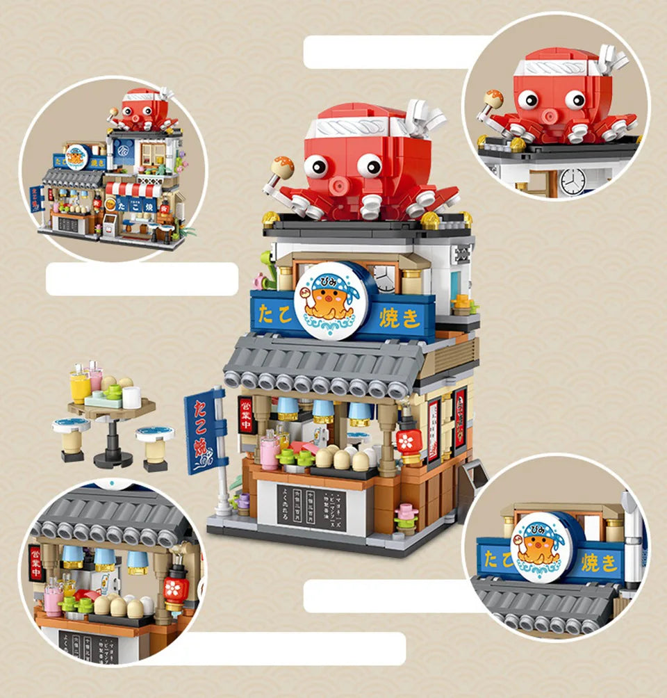 Bloques de Construcción LOZ-1219 Snack Street, Modelo DIY de Tienda de Té con Leche y Takoyaki, Decoración de Escritorio, Regalo Coleccionable para Adultos, Cumpleaños, Festividades
