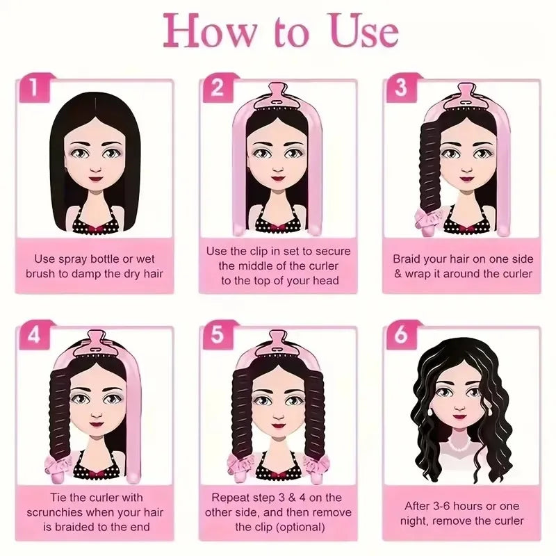 Juego de rizadores sin calor de 3/5/8 piezas con gorro de satén para dormir, pinzas para el cabello, peine y lazo para el cabello, herramientas de peinado sin calor para mujer para uso nocturno