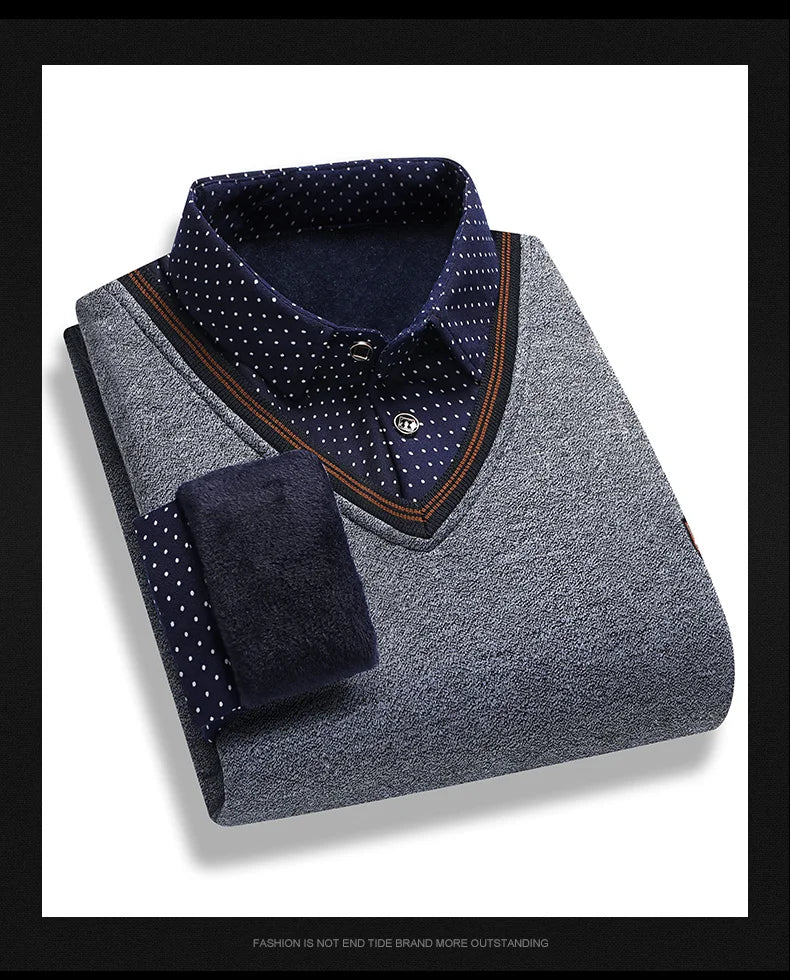 Suéter de felpa para hombre, jersey falso de dos piezas para otoño e invierno, Polo con cuello de lana, Top grueso y cálido, jerséis informales
