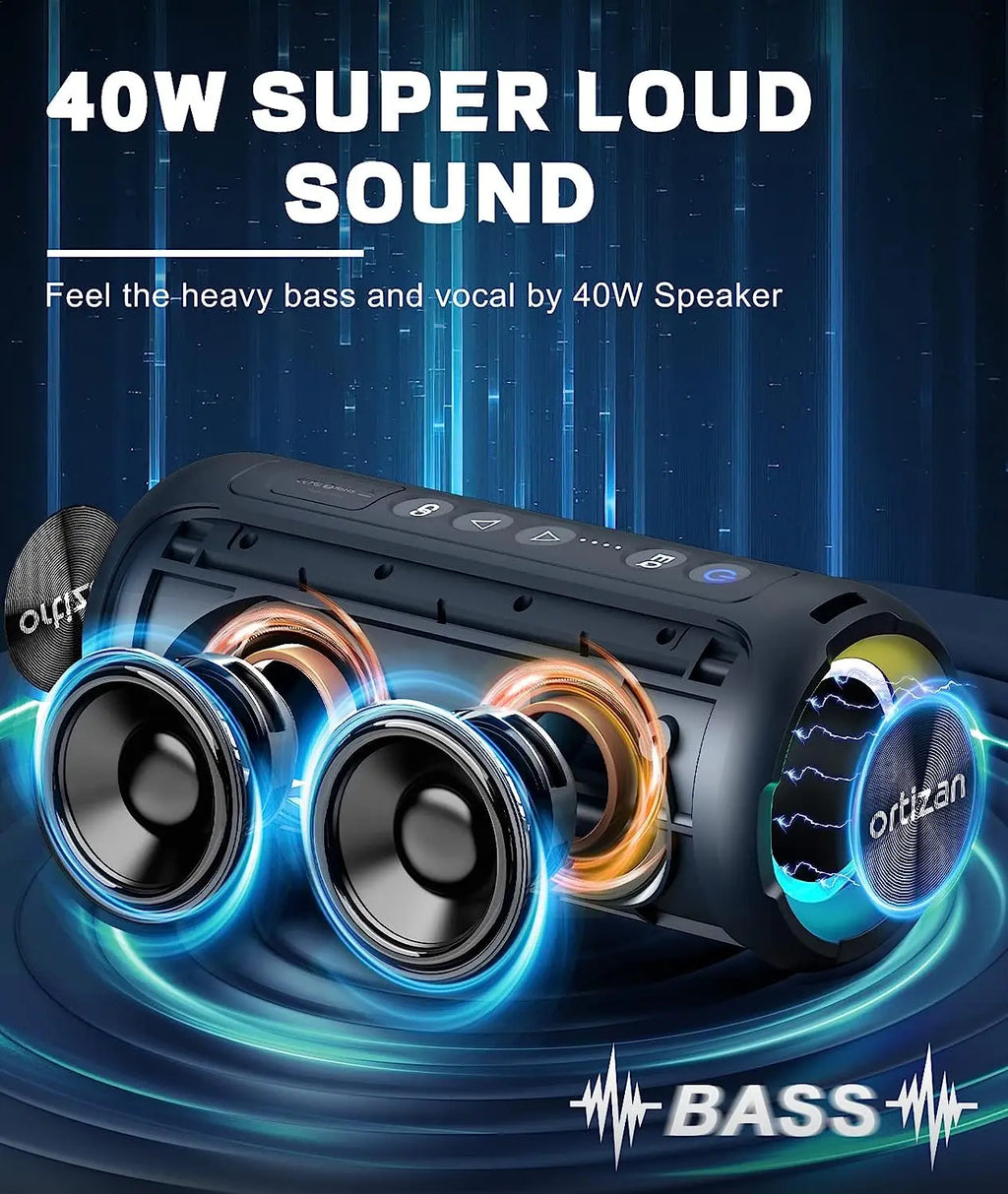 Ortizan X8 Pro, Altavoz Bluetooth portátil impermeable, Luces RGB, Calidad de sonido premium