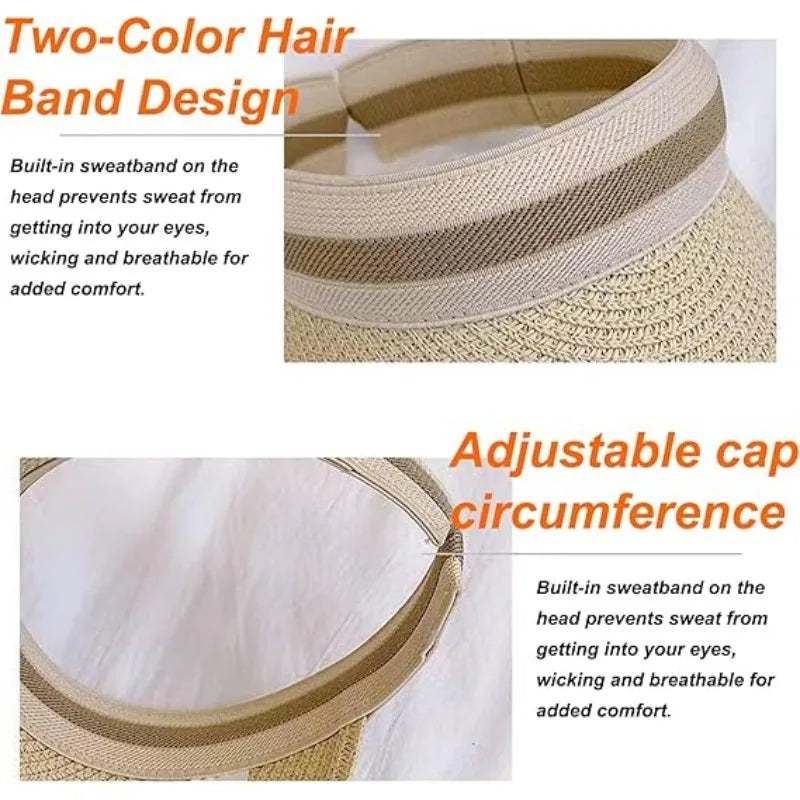 Sombrero de Paja para Mujer con Ala Ancha, Protección UV, Visera de Playa para Verano con Orificio para Cola de Caballo, para Golf, Viajes y Actividades al Aire Libre
