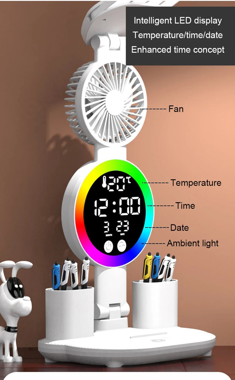 Lámpara de Mesa Recargable con Ventilador y Reloj LED
