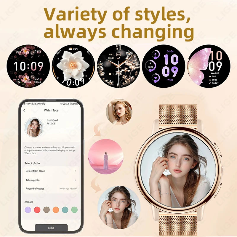 Reloj inteligente LIGE para mujer con pantalla AMOLED y llamadas Bluetooth