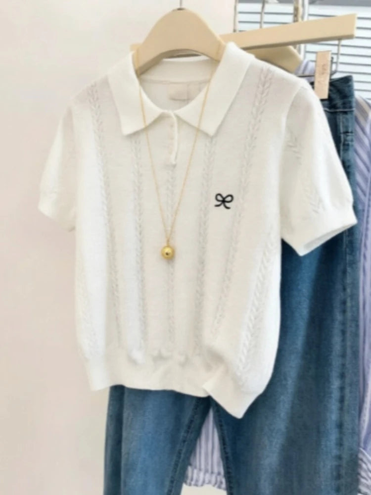 Camiseta de Punto con Cuello Polo y Bordado de Lazo, Manga Corta para Mujer