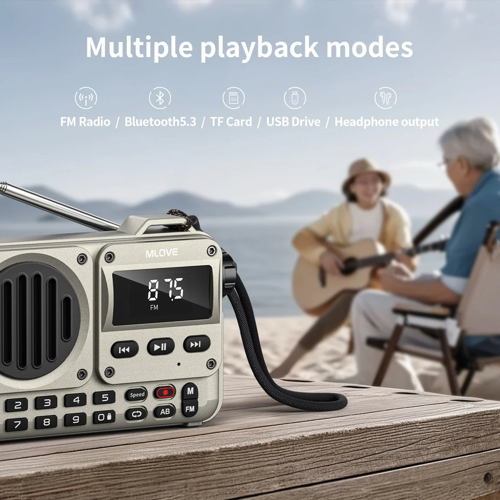 MLOVE BV800P Altavoz Bluetooth portátil con radio FM, reproductor de MP3, tarjeta USB/TF, AUX y antena: audio todo en uno para llevar