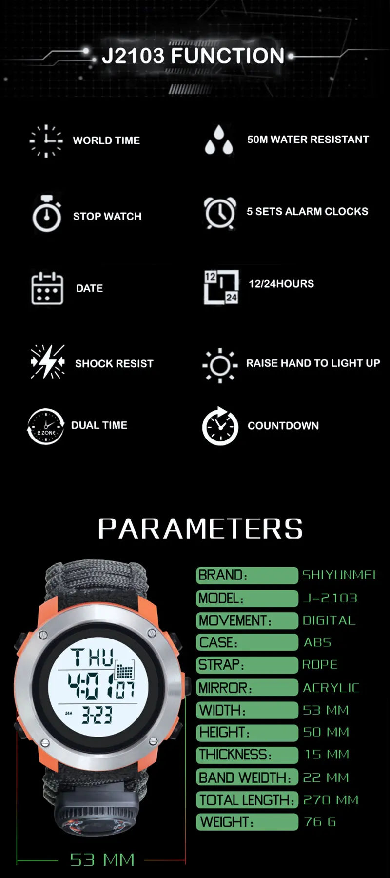 Reloj Digital Deportivo SHIYUNME con Brújula, Termómetro y LED Militar