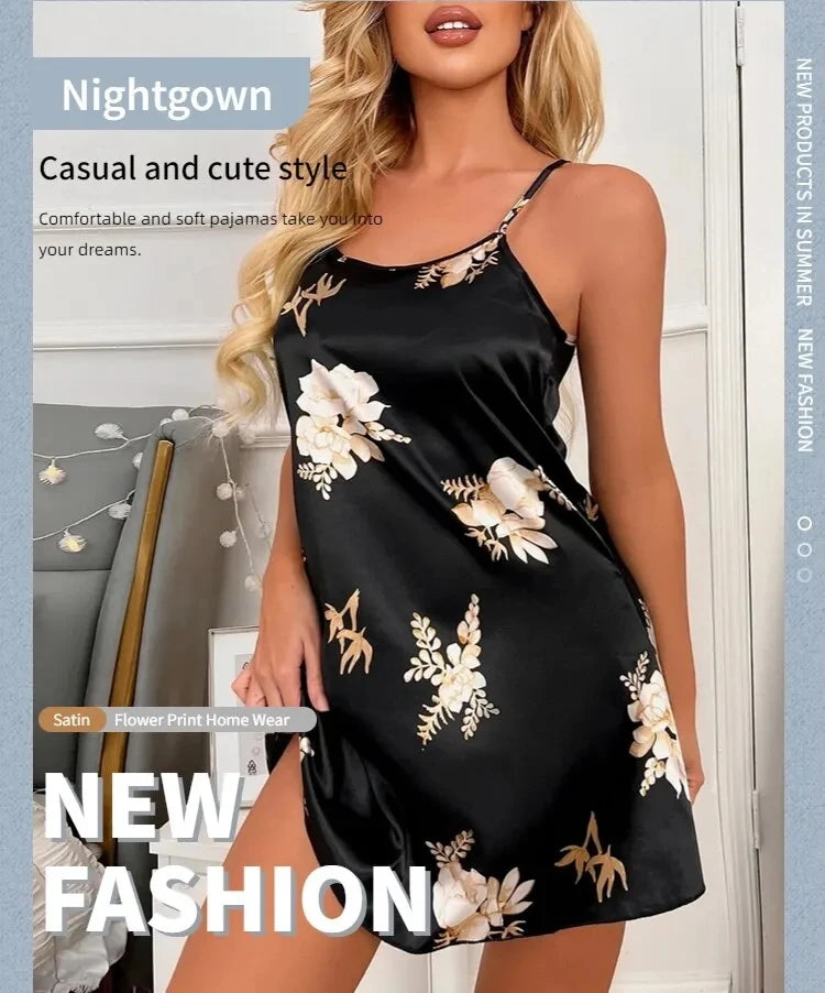 Camisón Sexy con estampado Floral para mujer, ropa de dormir de seda, color negro, para el hogar