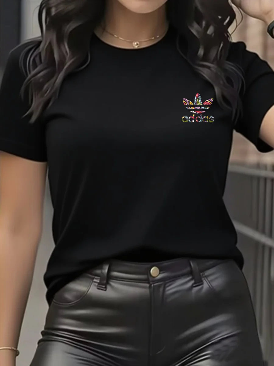 Camiseta de Algodón Ajustada de Manga Corta con Cuello Redondo