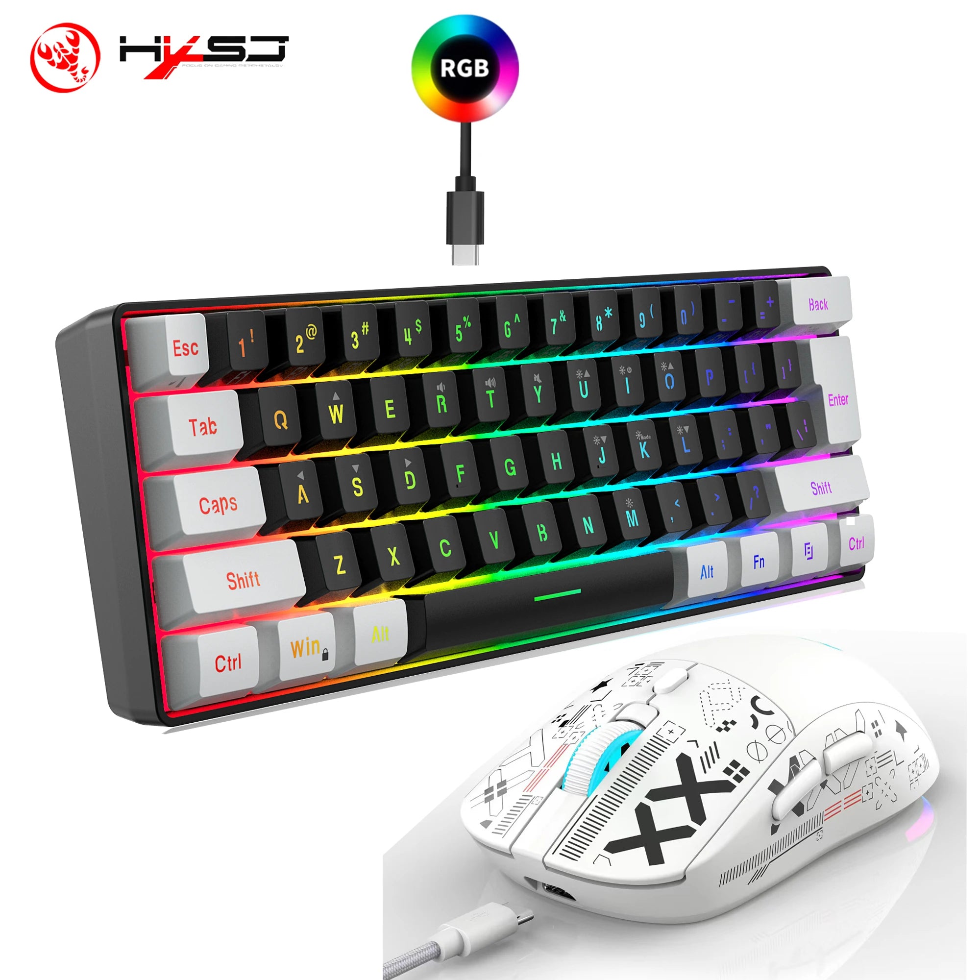 HXSJ-60% Juego de teclado y ratón retroiluminado RGB, teclado con cable de 61 teclas, ratón inalámbrico óptico para juegos de 3 modos para ordenador portátil y PC