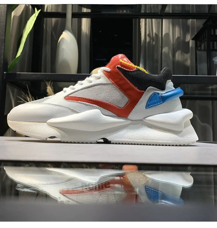 Zapatillas deportivas de plataforma para hombre, Mesh Nightclub Shoes, Retro Dad Sneakers de cuero genuino de alta calidad, Black Warrior