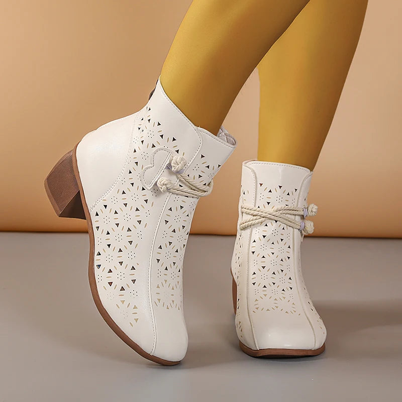 NOVEDAD DE VERANO 2025, botines de tacón medio con suela suave y agujeros a la moda para mujer, zapatos cómodos transpirables Retro