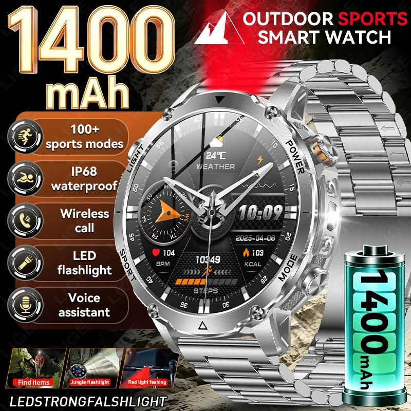 Reloj Inteligente Militar con Linterna Bluetooth 2026
