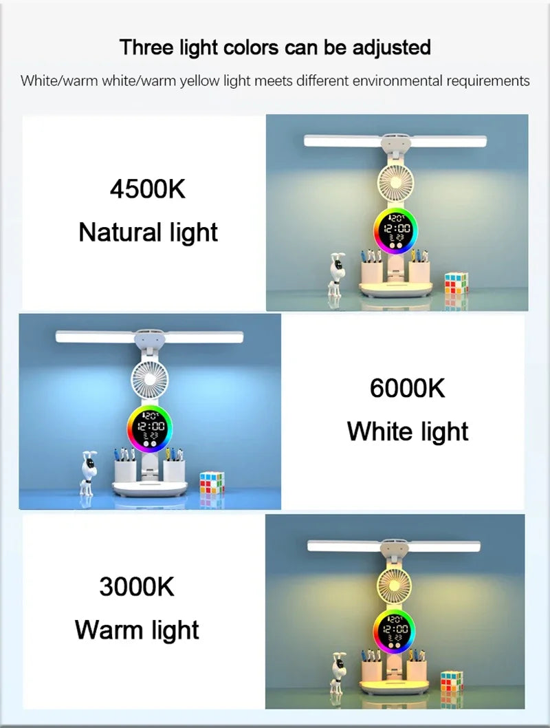 Lámpara de mesa Led para estudio, lámpara de escritorio, luz de lectura, luz nocturna Led con ventilador, reloj Led, pantalla, luz de escritorio de lectura