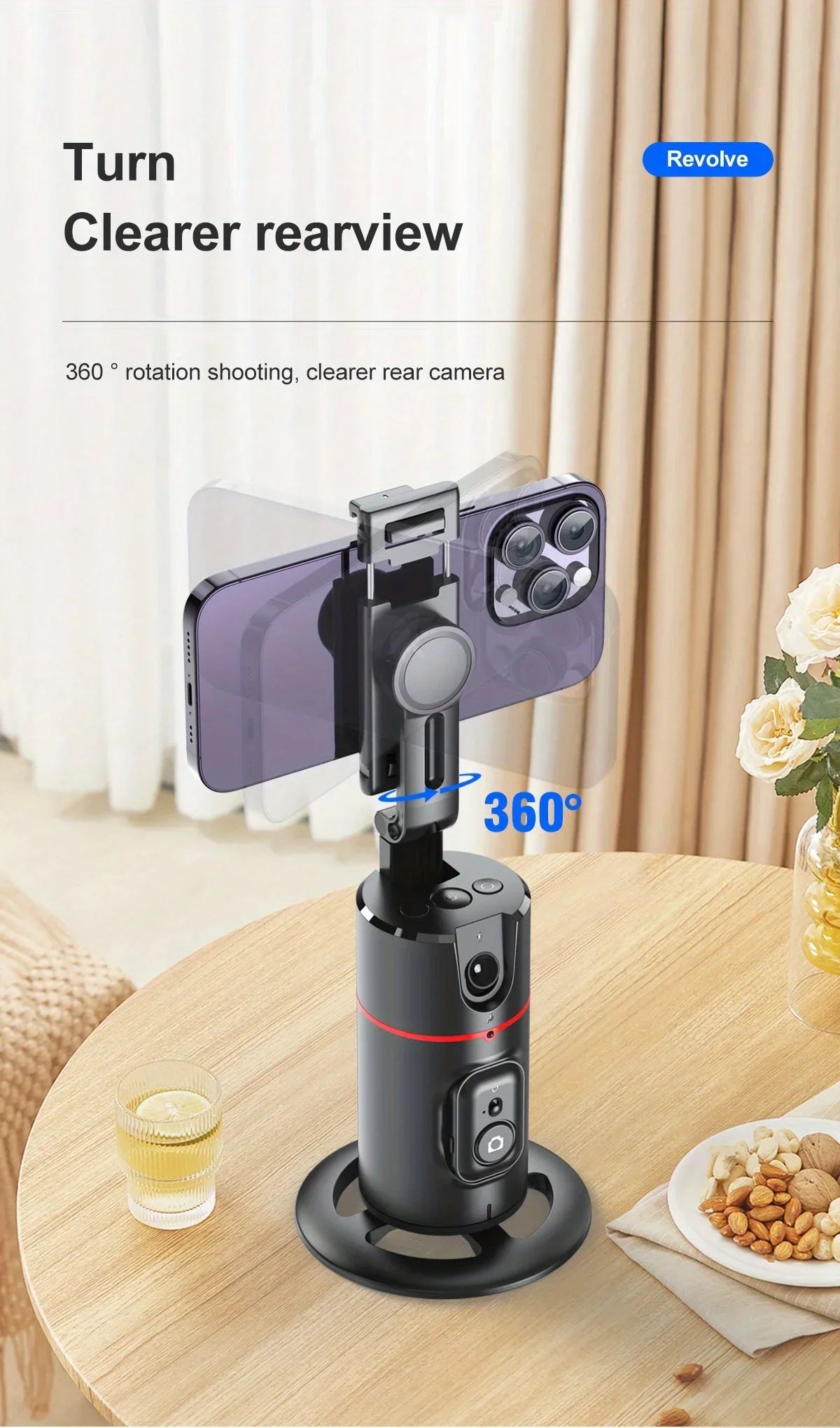 Soporte para Teléfono de Escritorio P02 con Seguimiento Facial 360 °   Gimbal Giratorio Automático para iPhone 16 15 Samsung S23 Xiaomi, Palo Selfie de Mano