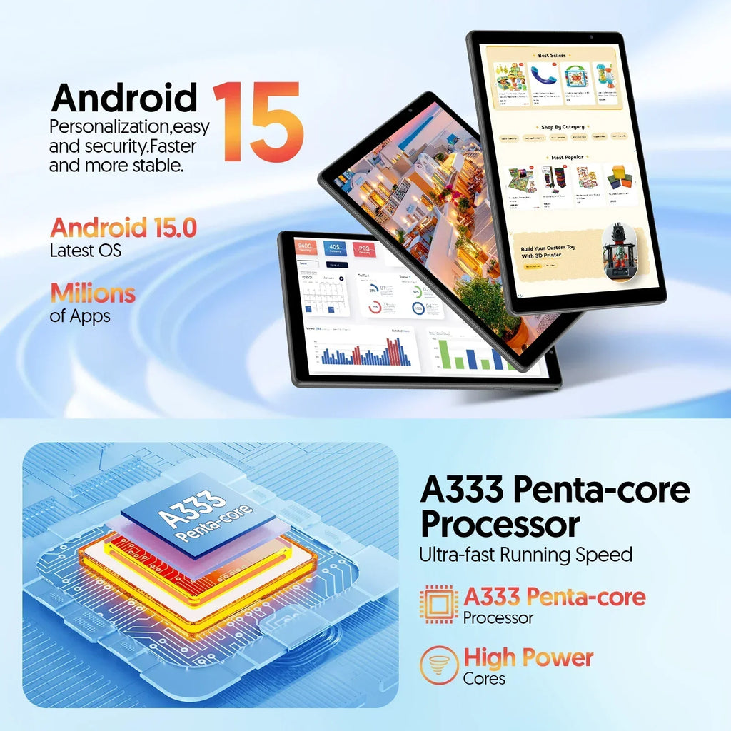 Tableta BAKEN de 10 Pulgadas |   Sistema Operativo Android 16 |   Procesador de Cinco Núcleos |   8GB de RAM (3GB + 5GB) + 32GB de ROM |   WiFi 6 |   Cámaras Duales |   6000 MAh