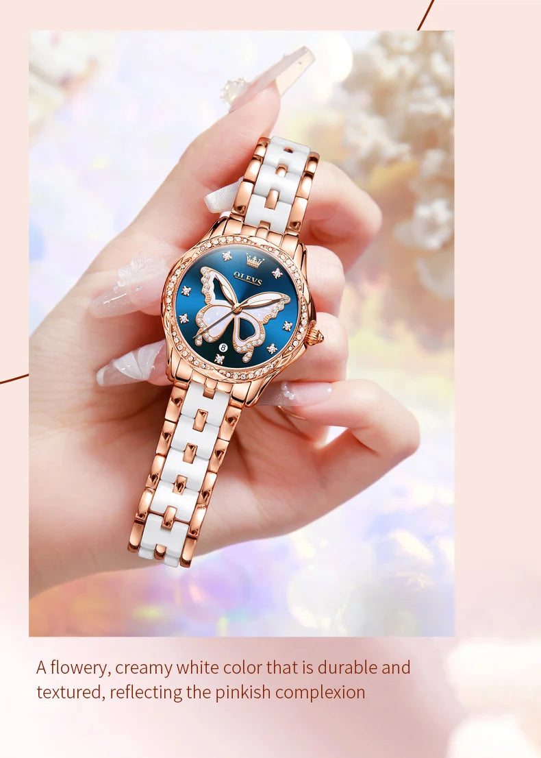 Reloj de Cuarzo OLEVS para Mujer, Correa de Cerámica, Diseño Mariposa