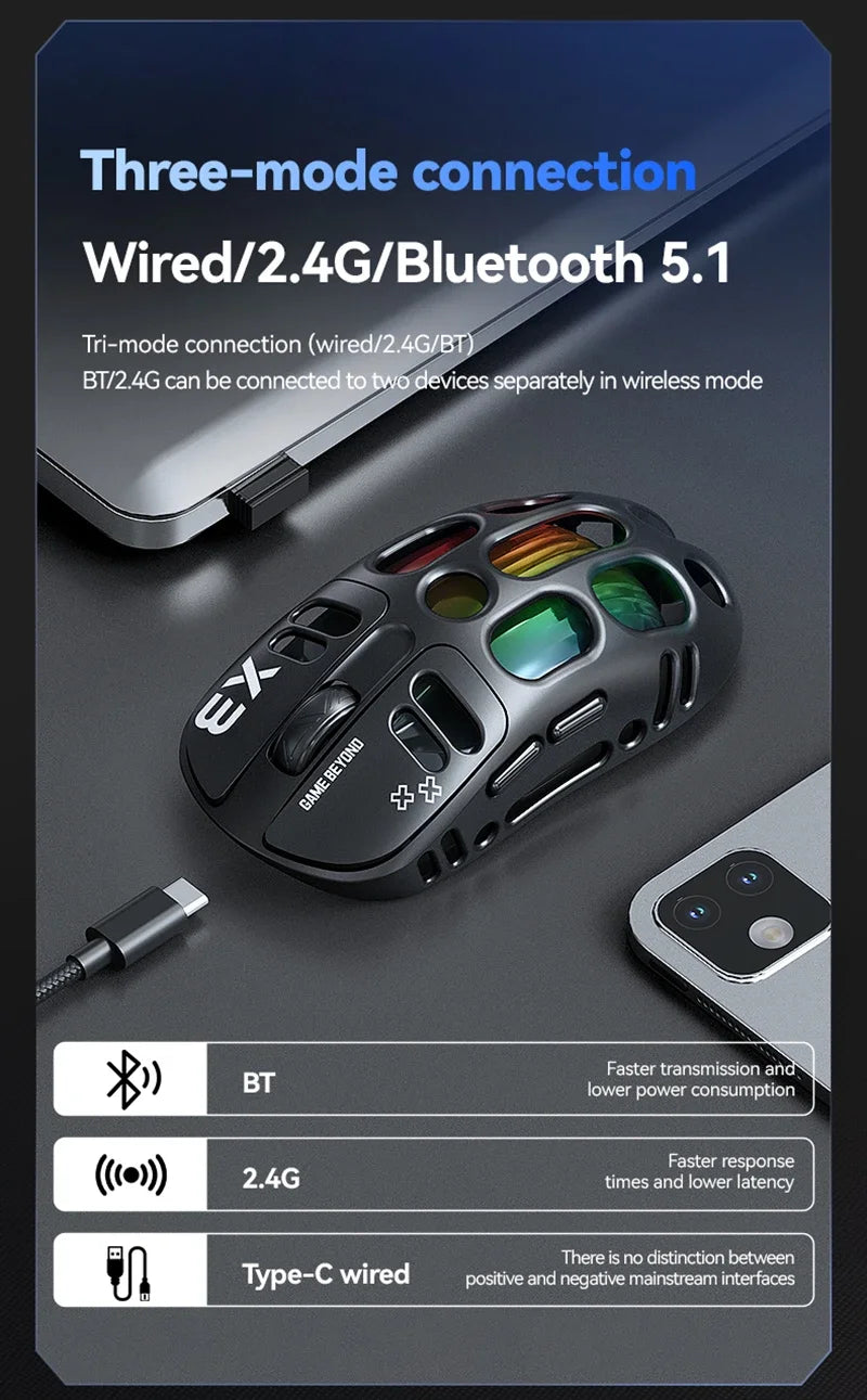 Mouse Gamer Lenovo X3 Triple Modo, RGB, Bluetooth, USB-C, Recargable