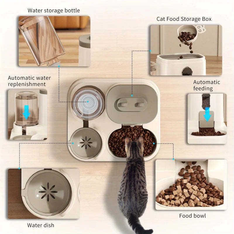 Cuenco para gatos, comedero automático con diseño a prueba de derrames con fuente de agua, dispensador de comida para mascotas para gatos pequeños, medianos y grandes