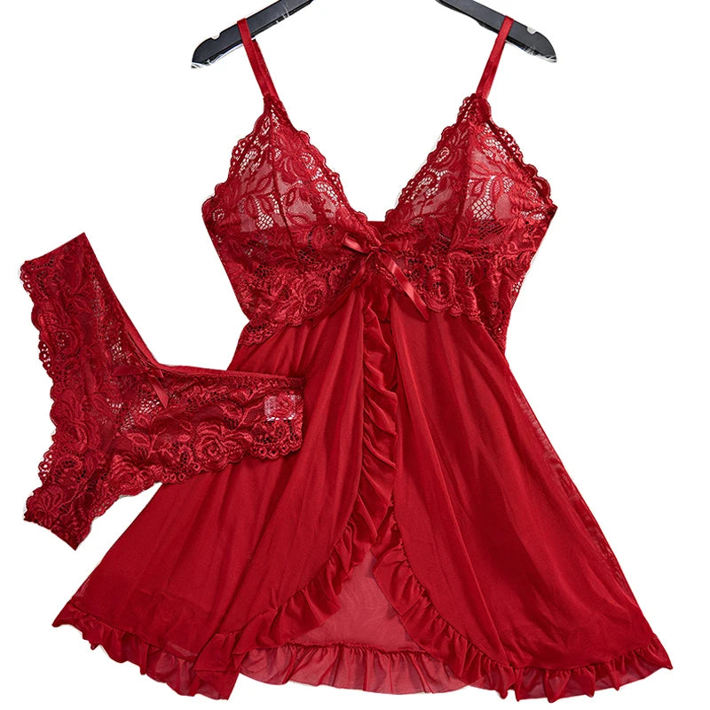 Babydoll Sexy de Encaje Floral con Bragas para Mujer