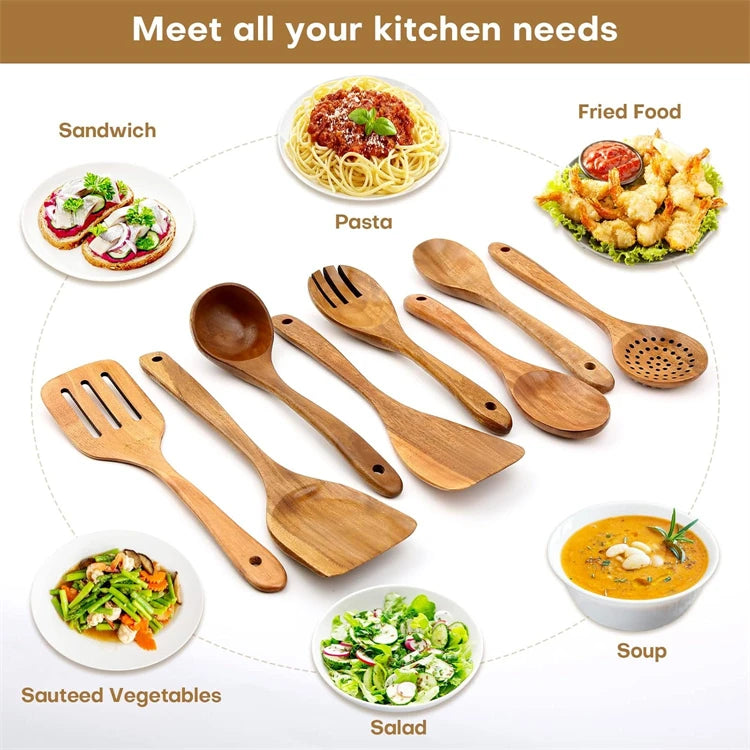 LMETJMA Paquete de 10 utensilios de cocina de madera de teca Natural, juego de utensilios de cocina con espátula y cucharas de madera para cocinar y hornear JT503