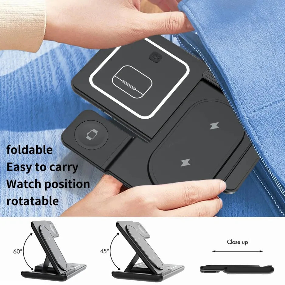 Cargador Inalámbrico 3 en 1 Plegable con LED, Estación de Carga Rápida para Samsung S25 S24 Galaxy Watch 2-8 Active Buds Pro
