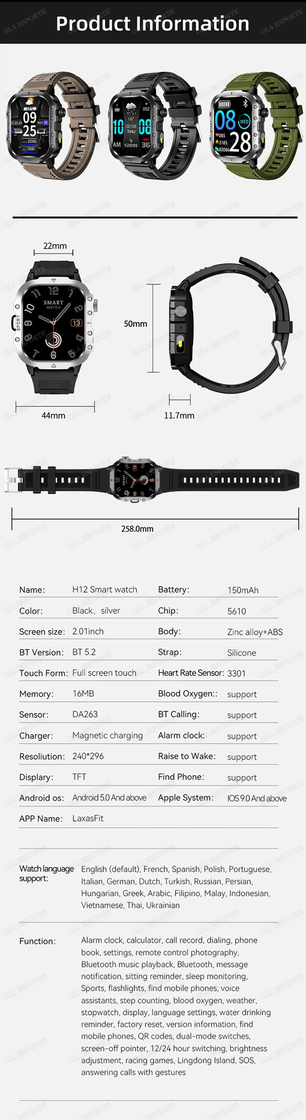 Nuevo Reloj Inteligente Militar para Hombre IP67 3ATM, Monitor de Actividad Física para Deportes al Aire Libre, Monitor de Presión Arterial, Llamadas BT, GPS, Smartwatch Hw12