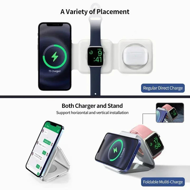 Cargador Inalámbrico Plegable 3 en 1 de Carga Rápida para Escritorio, Compatible con iPhone 17 16 15 14 13 Pro Max, iWatch 10 9 8 7 6, AirPods Pro 2