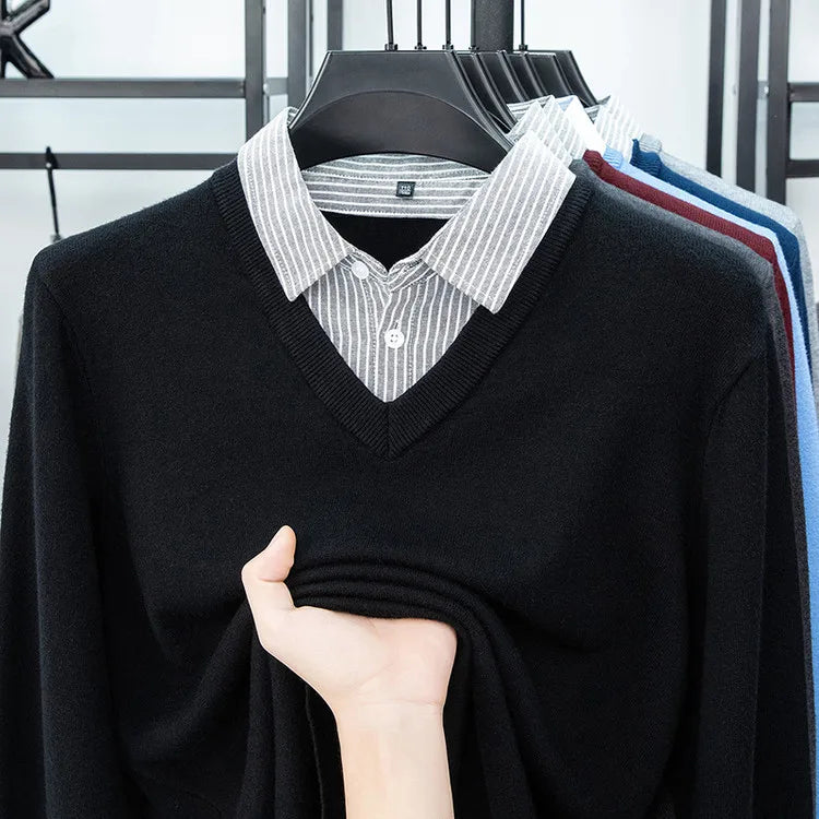 Suéter de punto con cuello de camisa para hombre, azul claro (6 colores), diseño falso de dos capas, estilo informal de negocios    Ajuste elástico y cómodo