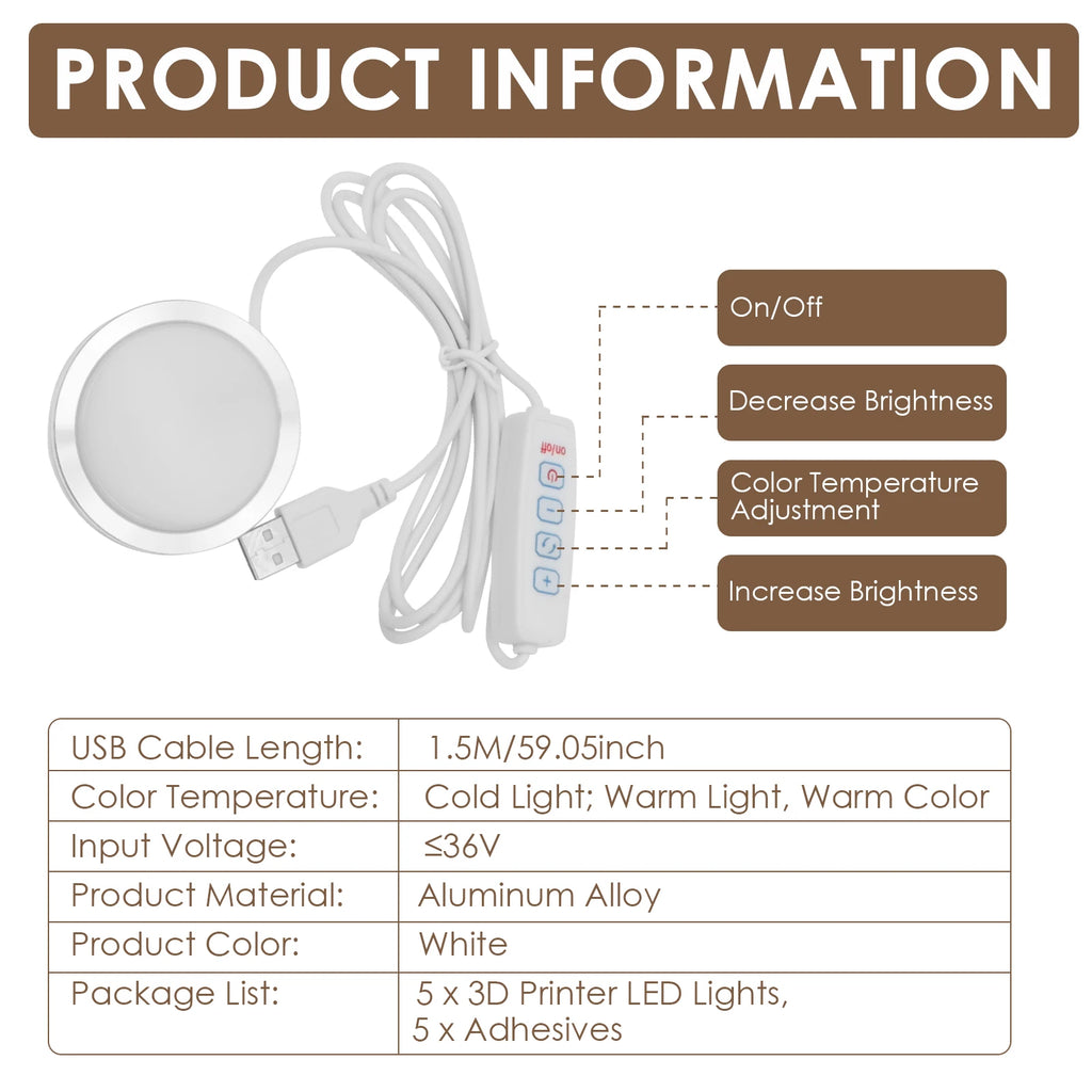 Kit de Lámparas LED de 3/5/10 Piezas, 3 Colores, Alimentación USB de 5V, Luz Cálida de 3000k-6400k, Brillo Ajustable, Lámpara para Espacio de Impresión 3D para Cabina