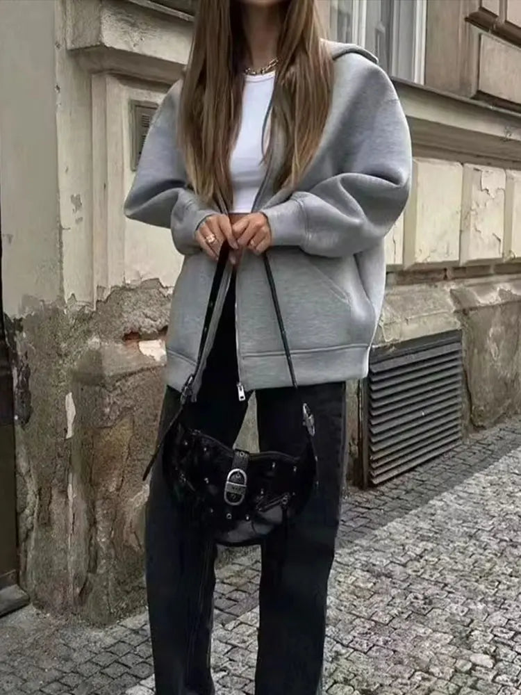 HH Otoño Invierno mujer cremallera Sudadera con capucha abrigo High Street bolsillos dobles chaqueta de gran tamaño sudaderas sueltas prendas de vestir exteriores Top