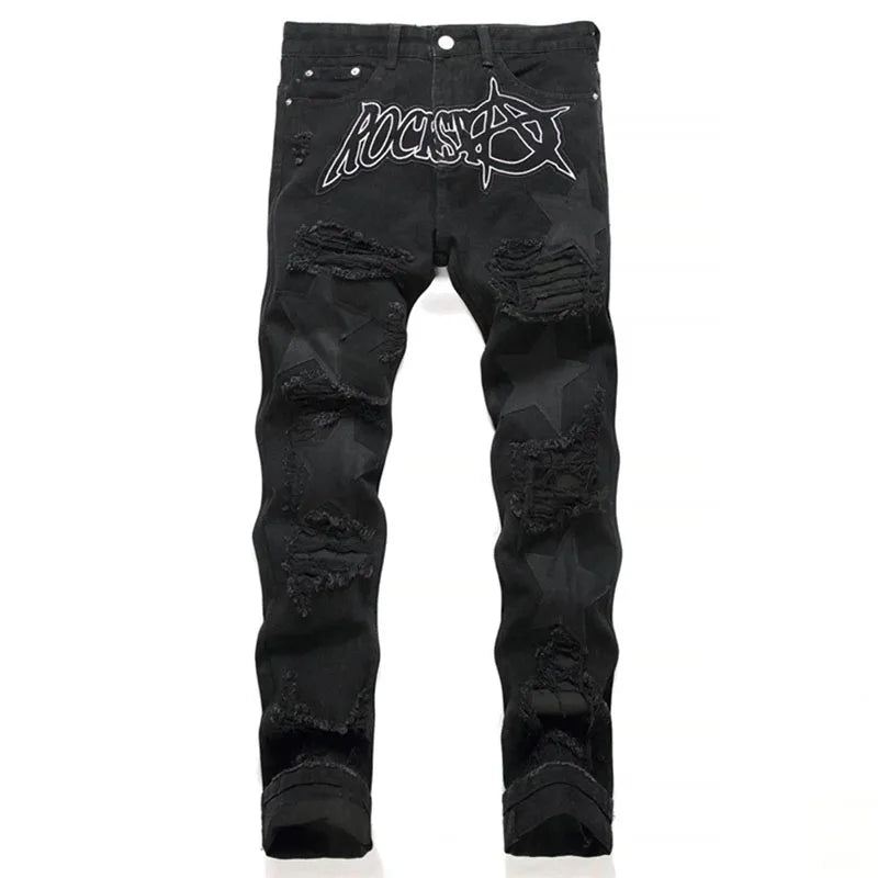 Pantalones Vaqueros Negros Rasgados Retro para Hombre, Pierna Recta
