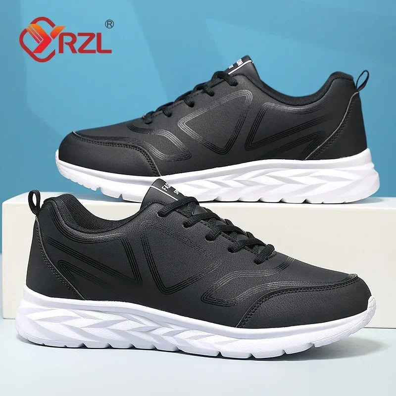 YRZL-Zapatillas deportivas impermeables de cuero para hombre, zapatos deportivos cómodos para caminar, resistentes al desgaste, color negro