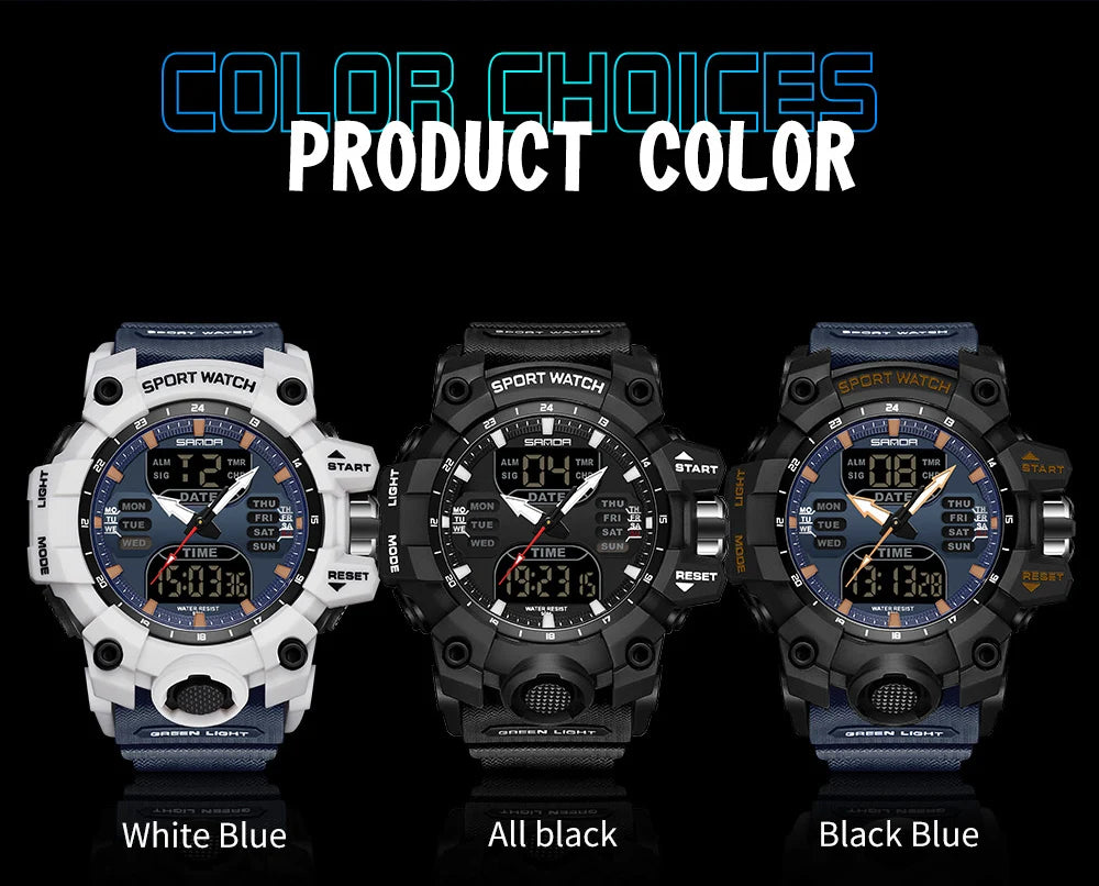 SANDA-reloj electrónico de lujo estilo G para hombre, cronógrafo Digital analógico LED para deportes al aire libre, pantalla Dual militar, resistente al agua hasta 50M