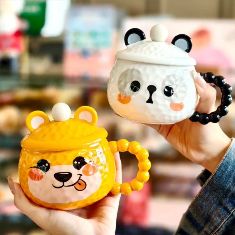 Taza de cerámica con diseño de animal, con tapa y cuchara