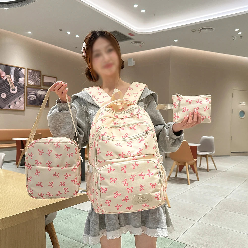 Mochila coreana con estampado de lazo para mujer, morral escolar ligero y sencillo para estudiante, conjunto de tres piezas