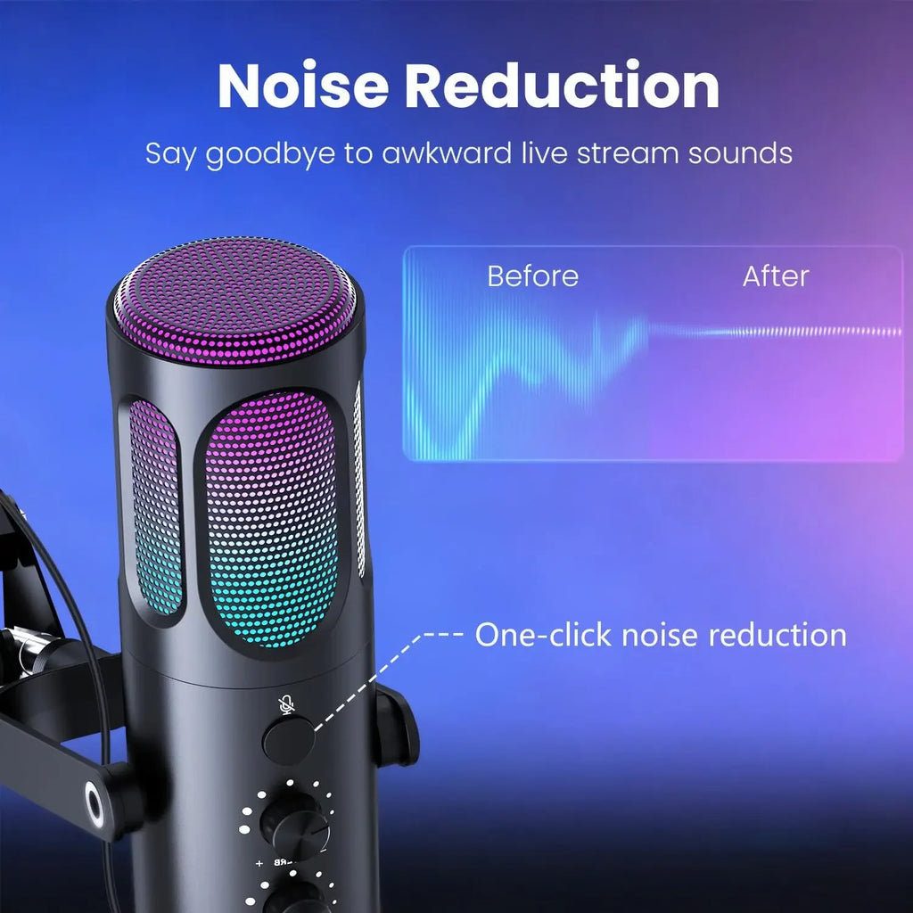 Micrófono USB para Juegos PUPGSIS, Micrófono de Condensador con Cancelación de Ruido, Silenciador, Ganancia, Luces RGB, Soporte de Brazo para Streaming, PC