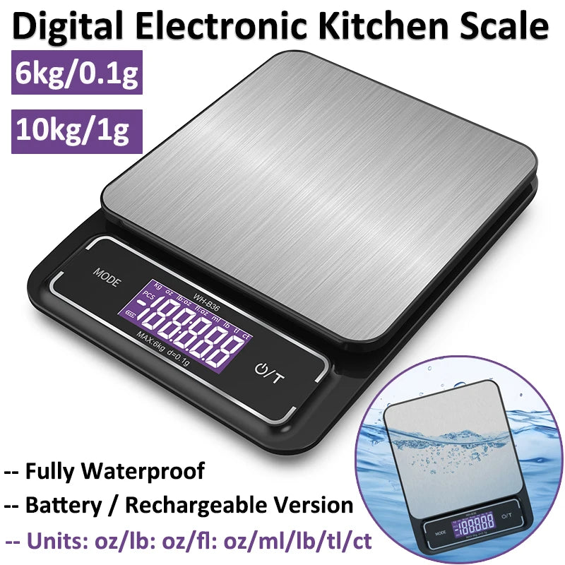 Báscula de cocina electrónica Digital de 6kg/0,1g, 10kg/1g, pantalla LCD, herramienta de medición de acero inoxidable totalmente impermeable para hornear
