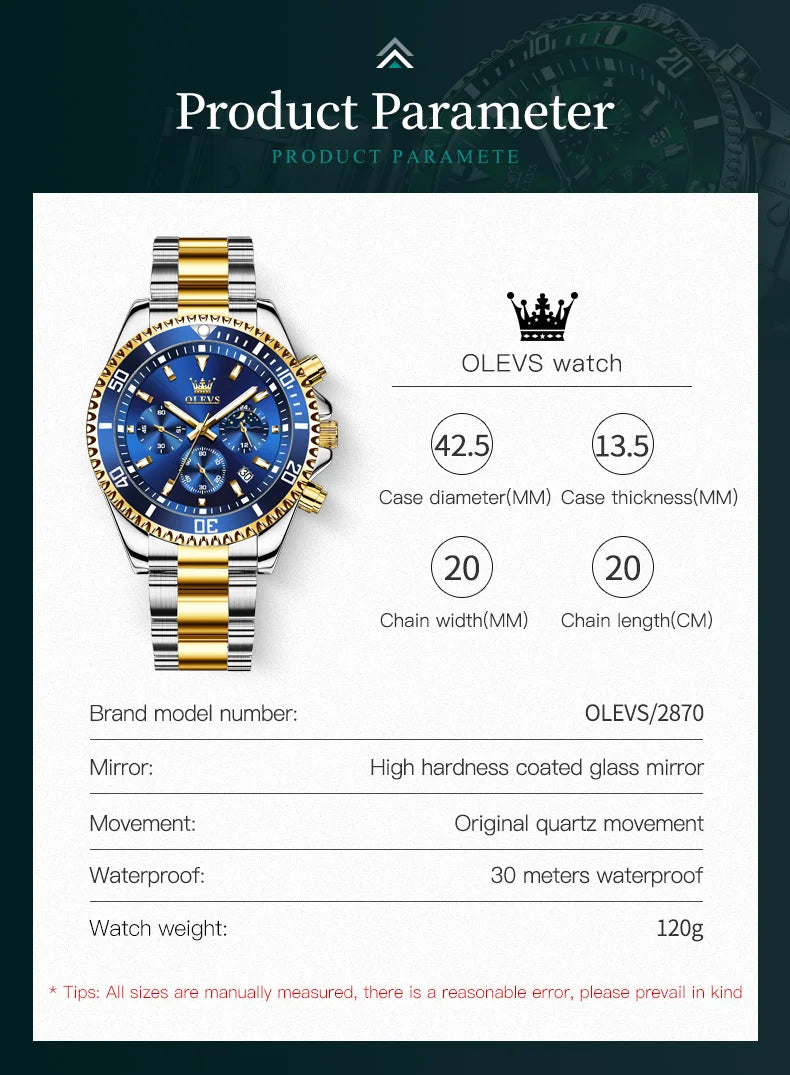Reloj de Cuarzo OLEVS 2870 Cronógrafo con Fase Lunar para Hombre