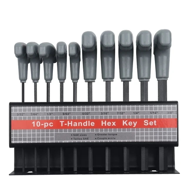Juego de 10 llaves Allen con mango en T métricas, SAE o Torx con soporte