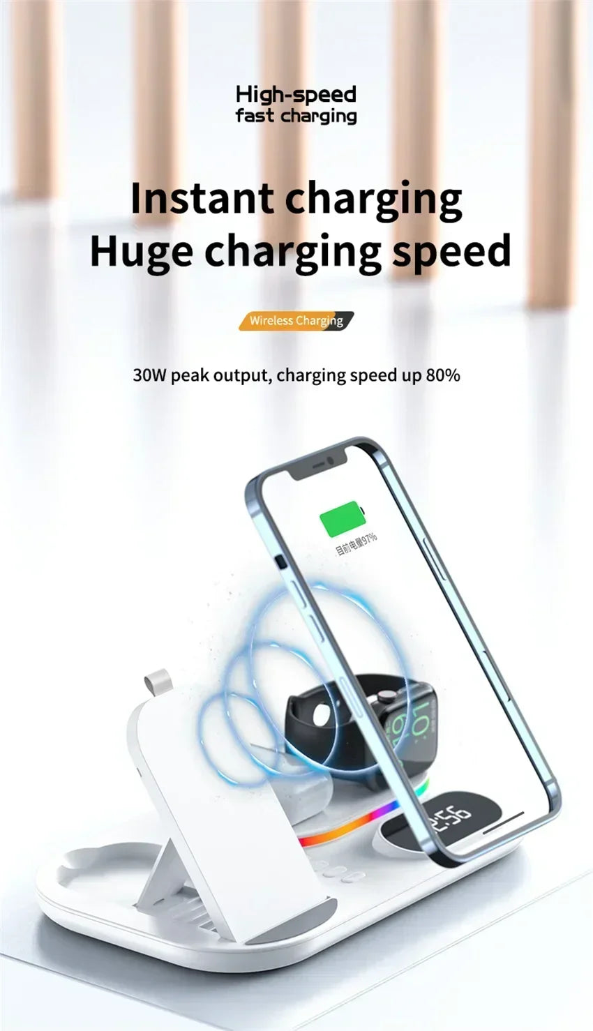 Base de Carga Inalámbrica 4 en 1, Estación de Carga Rápida de 15W para iPhone 12-17, Samsung Galaxy Watch, iWatch, Auriculares Xiaomi