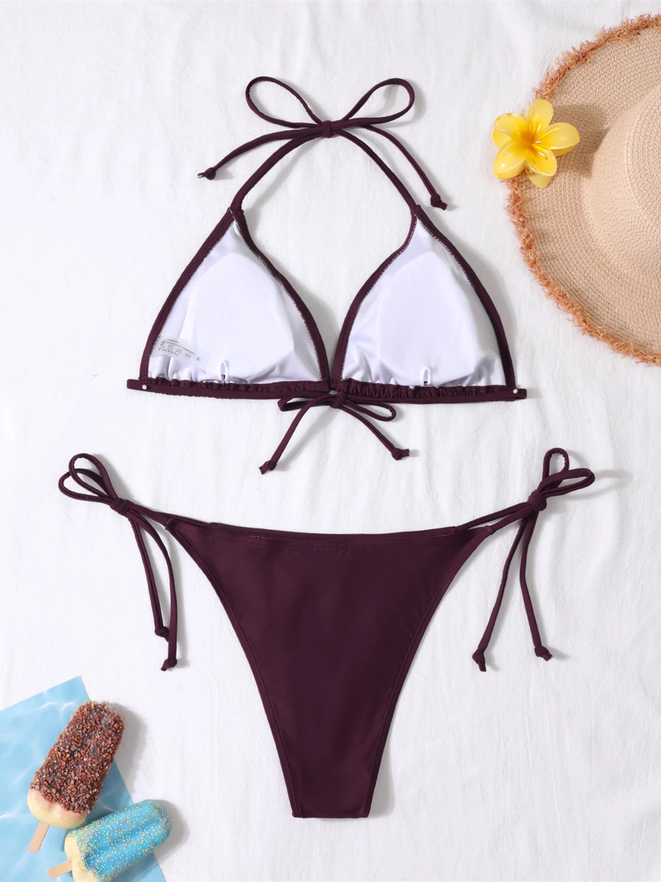 Conjunto de 2 Piezas de Bikini Sencillo y Sexy para Mujer, Traje de Baño de Verano de Color Sólido con Tirantes, Espalda Descubierta, Tanga con Tiras Laterales