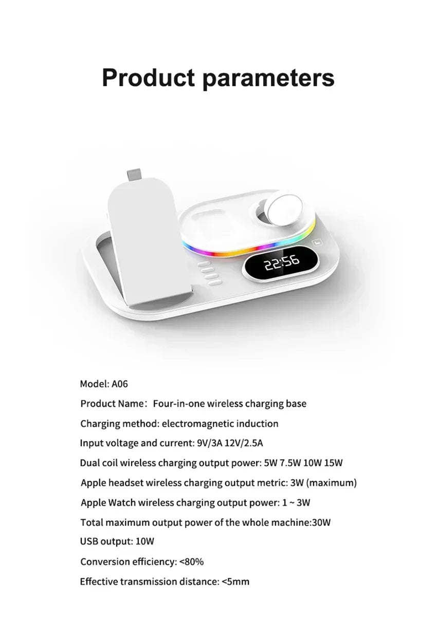 Base de Carga Inalámbrica 4 en 1, Estación de Carga Rápida de 15W para iPhone 12-17, Samsung Galaxy Watch, iWatch, Auriculares Xiaomi