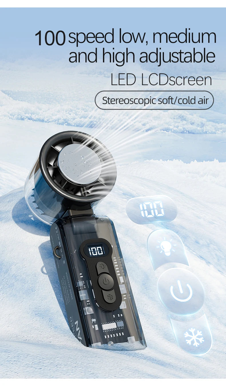 Ventilador de refrigeración plegable de alta velocidad, mini ventilador de carga USB portátil con pantalla digital, ventilador de mano de alta energía eólica