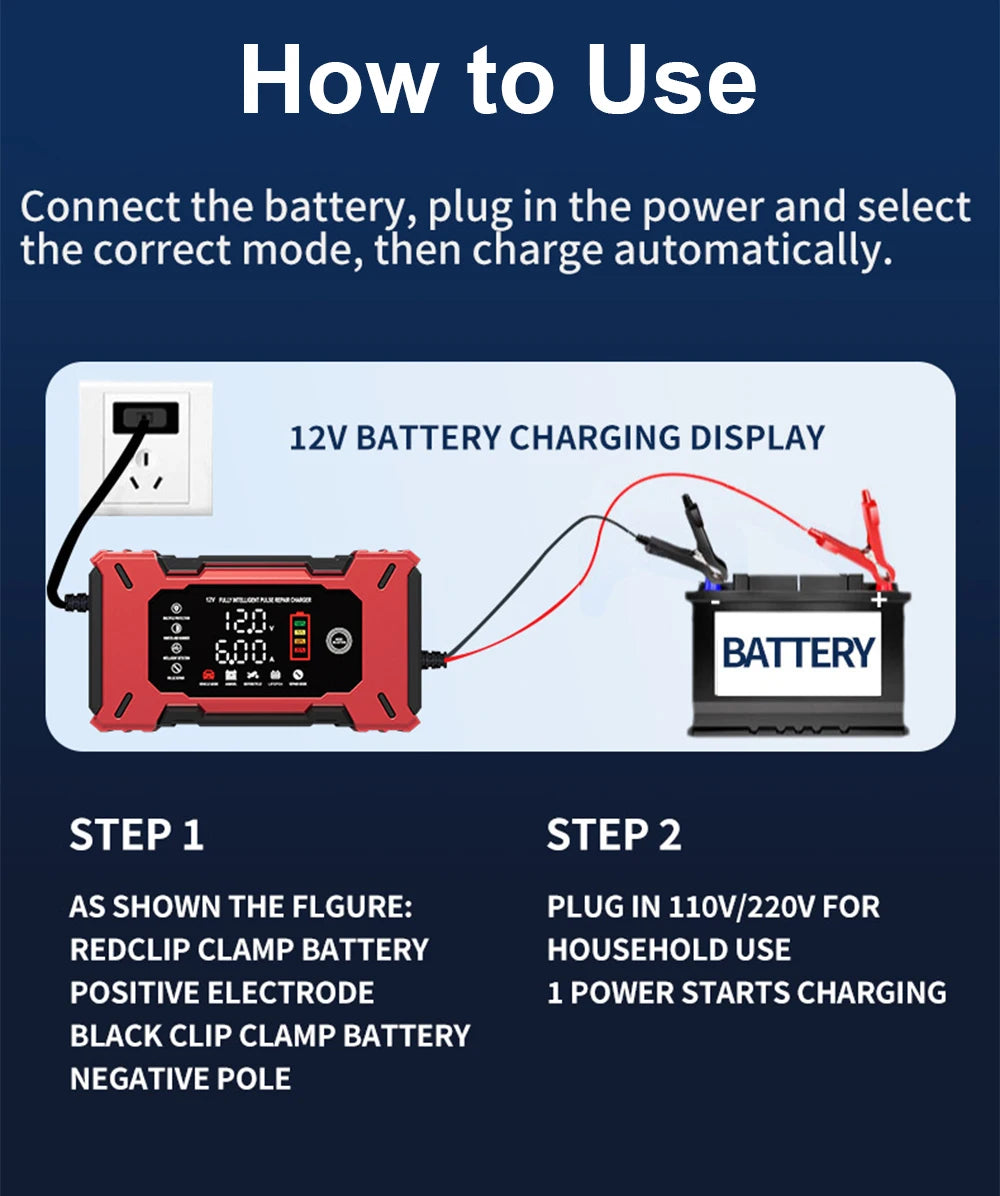Cargador de batería inteligente 12V 6A con reparación por pulsos para autos y motos