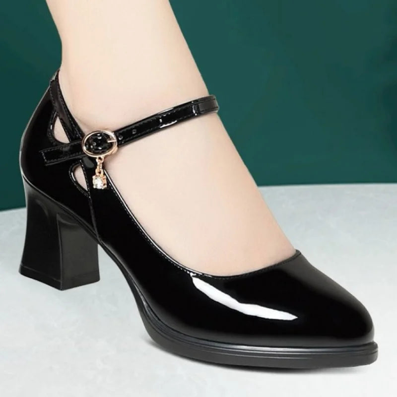 2025 Primavera/otoño Nuevos zapatos de tacón de trabajo profesionales negros para mujer - Zapatos de vestir de tacón medio con plataforma y correa, zapatos de oficina para madres