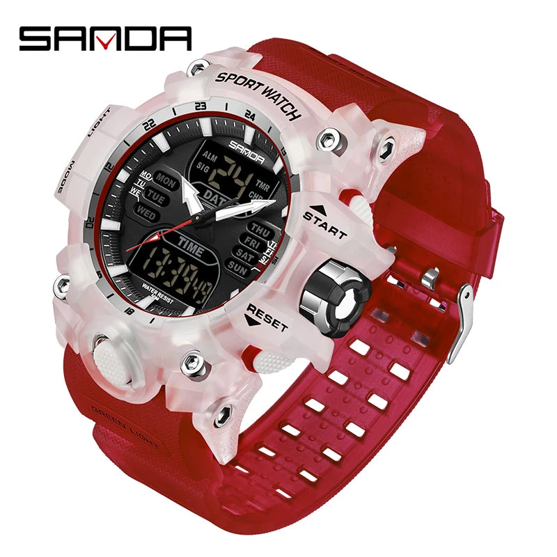 SANDA-reloj electrónico de lujo estilo G para hombre, cronógrafo Digital analógico LED para deportes al aire libre, pantalla Dual militar, resistente al agua hasta 50M