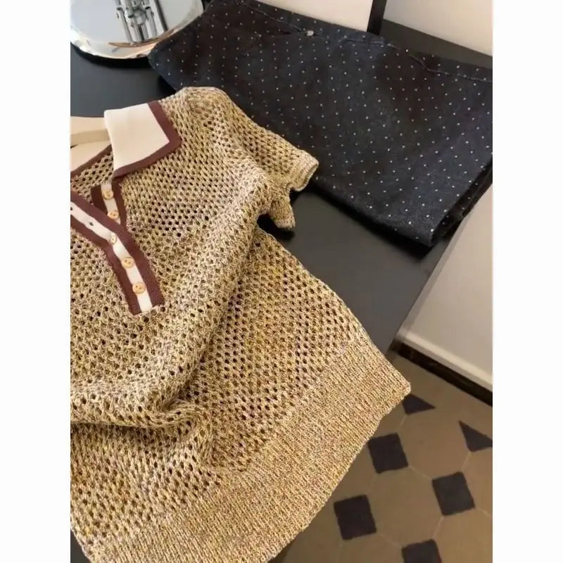 Camiseta de Punto Brillante Vintage con Cuello Polo