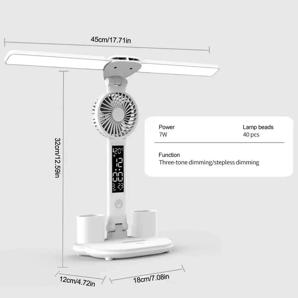 Lámpara de escritorio LED, lámpara de ventilador plegable portátil, reloj de pantalla inteligente, lámpara de escritorio recargable por USB, protección ocular, luz de escritorio de lectura para estudio